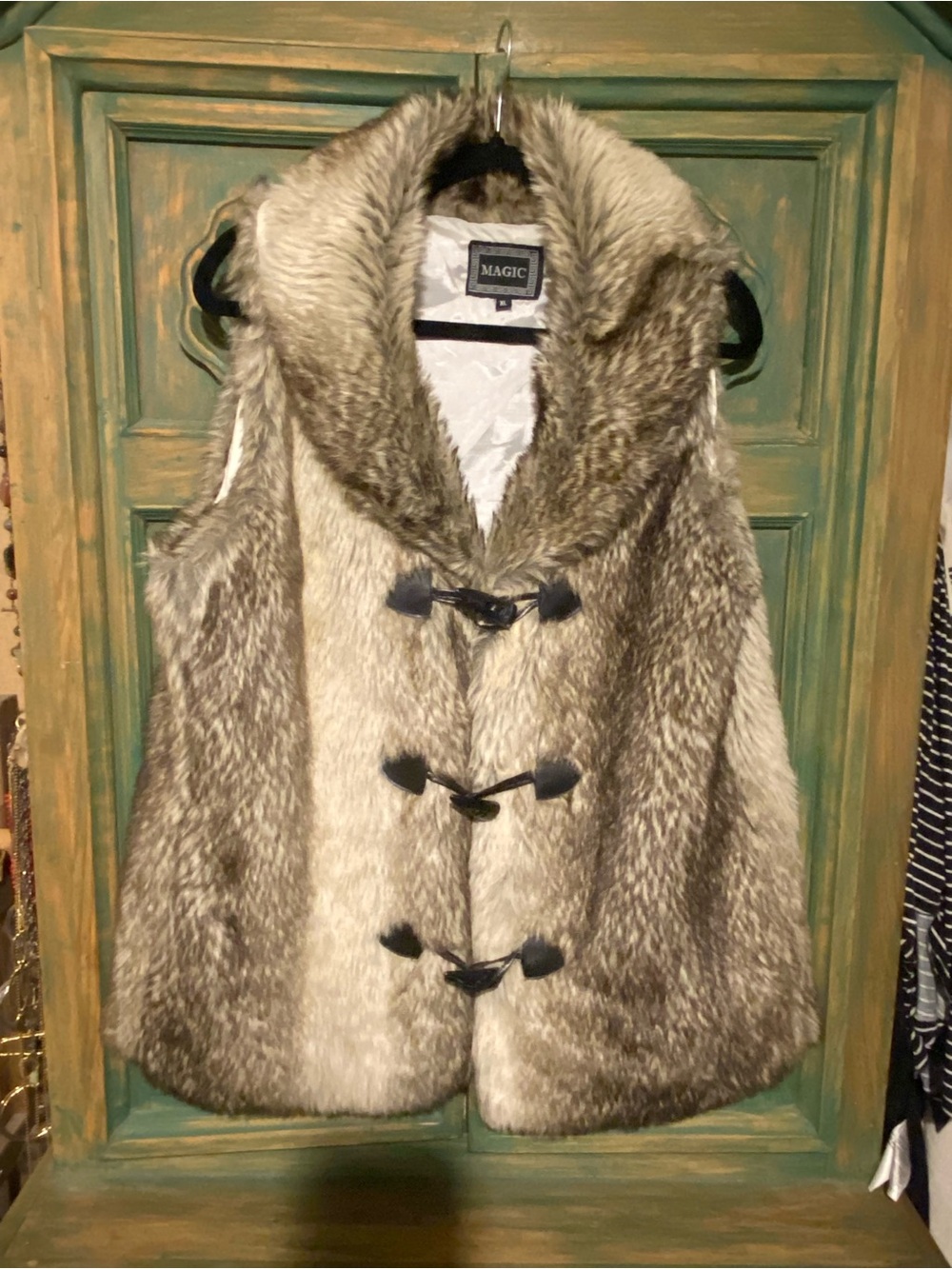 Magic Faux Fur Toggle Vest in Taupe and Beige